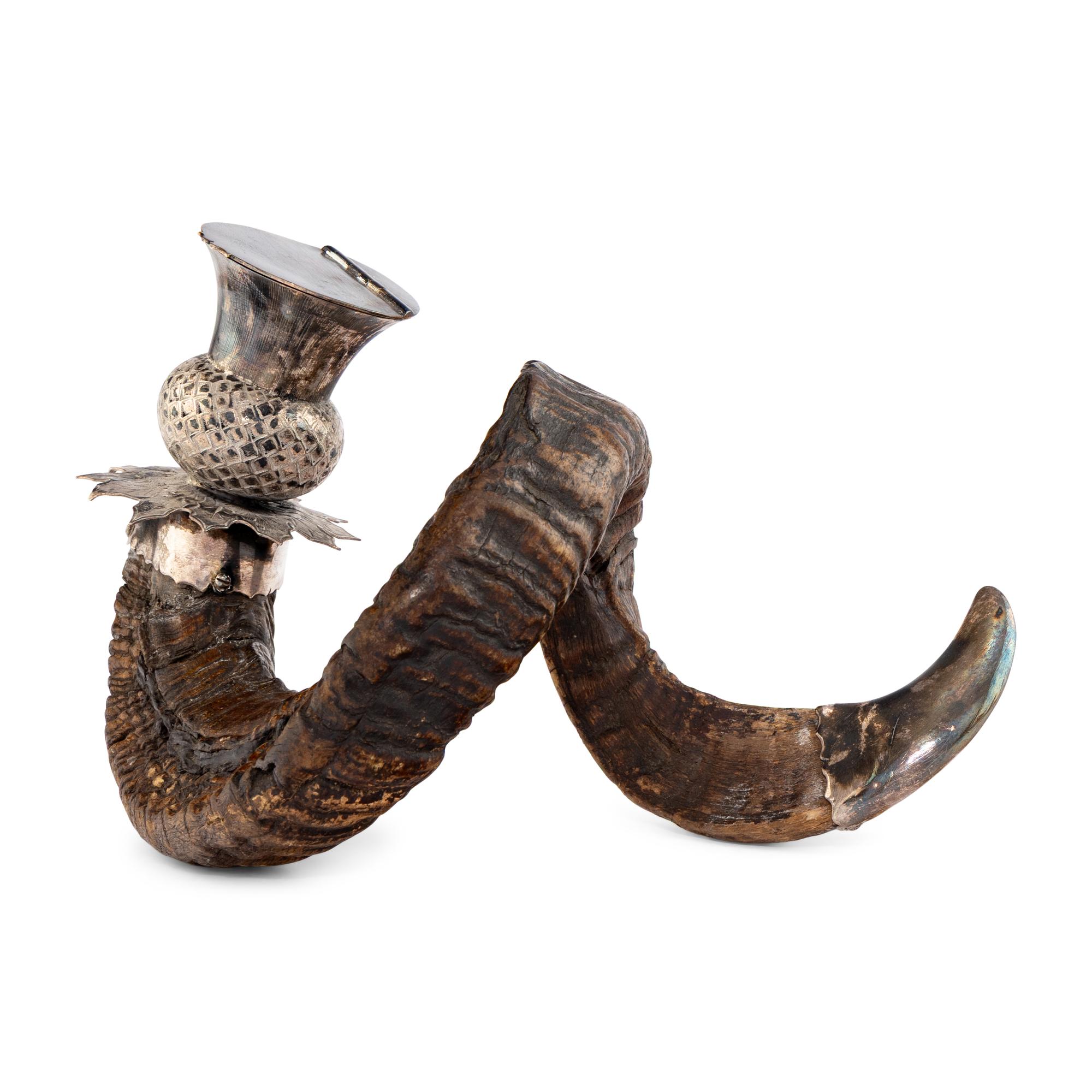A Ram's Horn Snuff Caddy with Silverplate Mounts