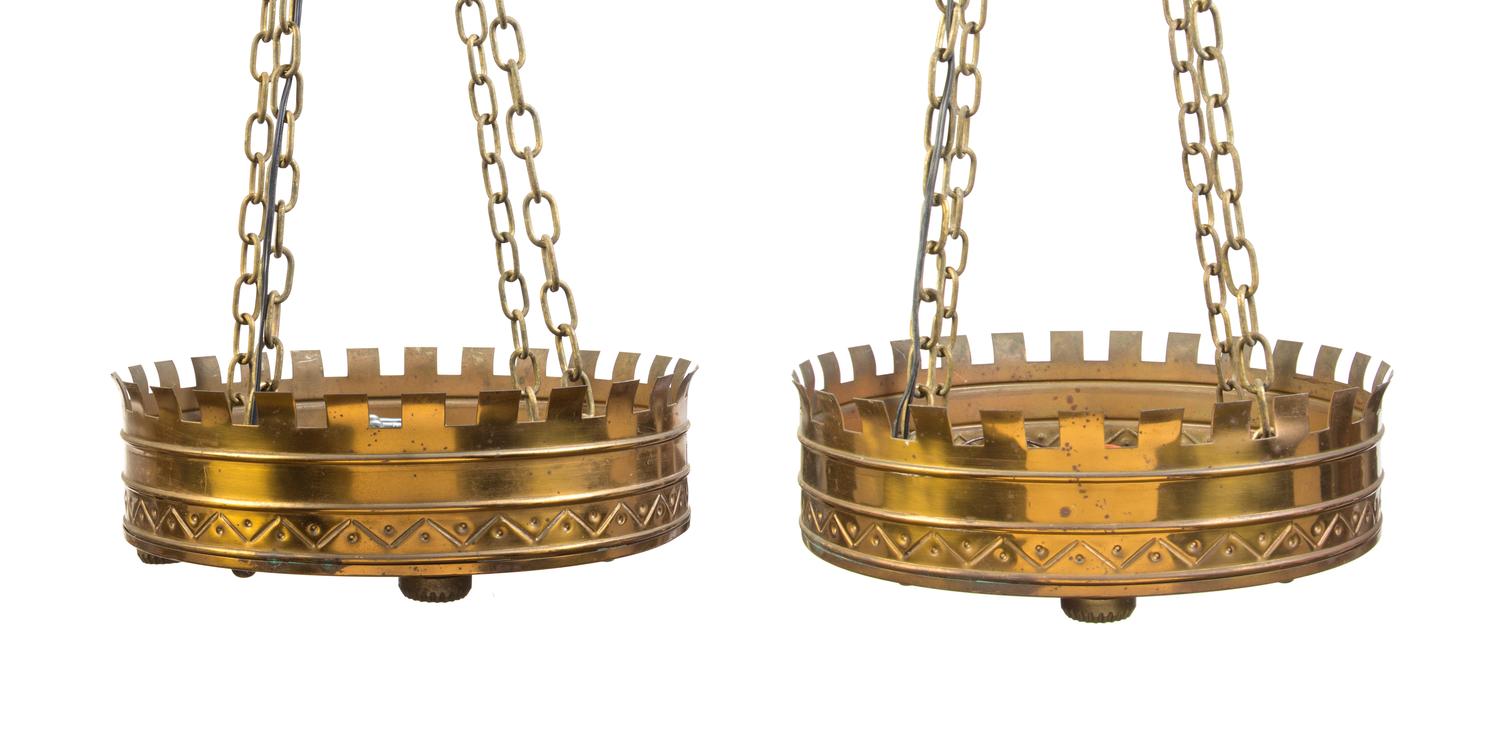 A Pair of Art Deco Copper Four-Light Fixtures Diameter 15 3/4 inches.