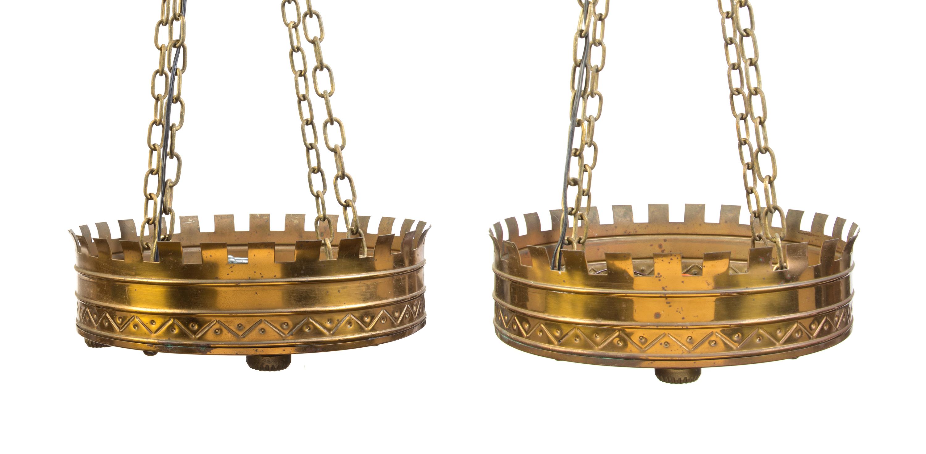 A Pair of Art Deco Copper Four-Light Fixtures Diameter 15 3/4 inches.