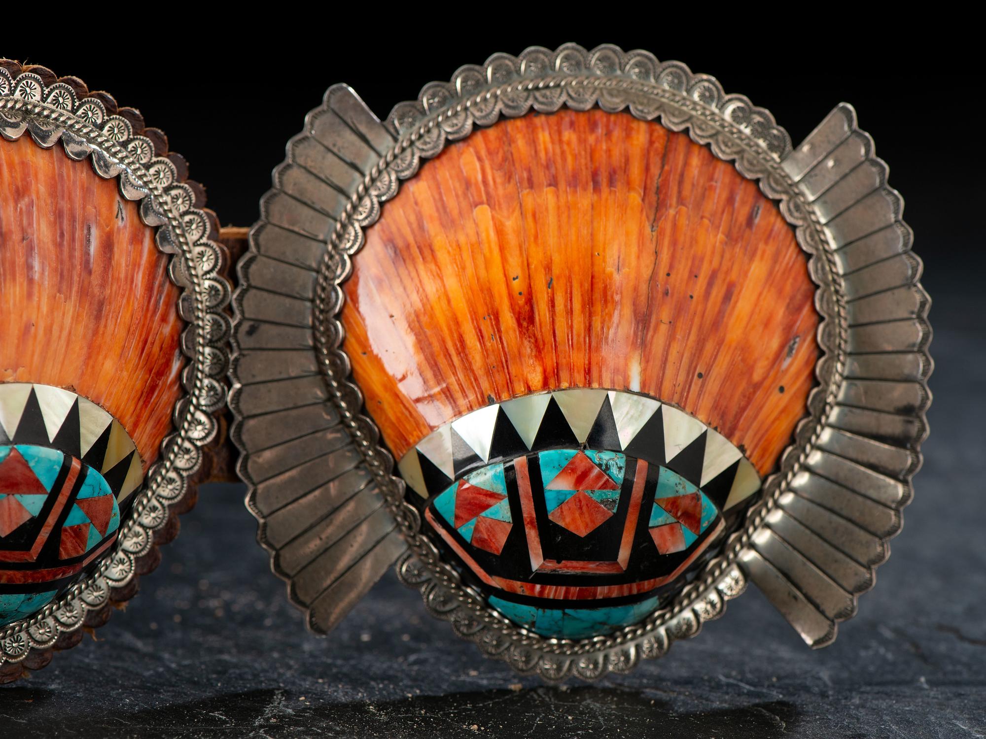 Large Navajo Sterling Silver and Mosaic Inlay Spiny Oyster Concha Belt