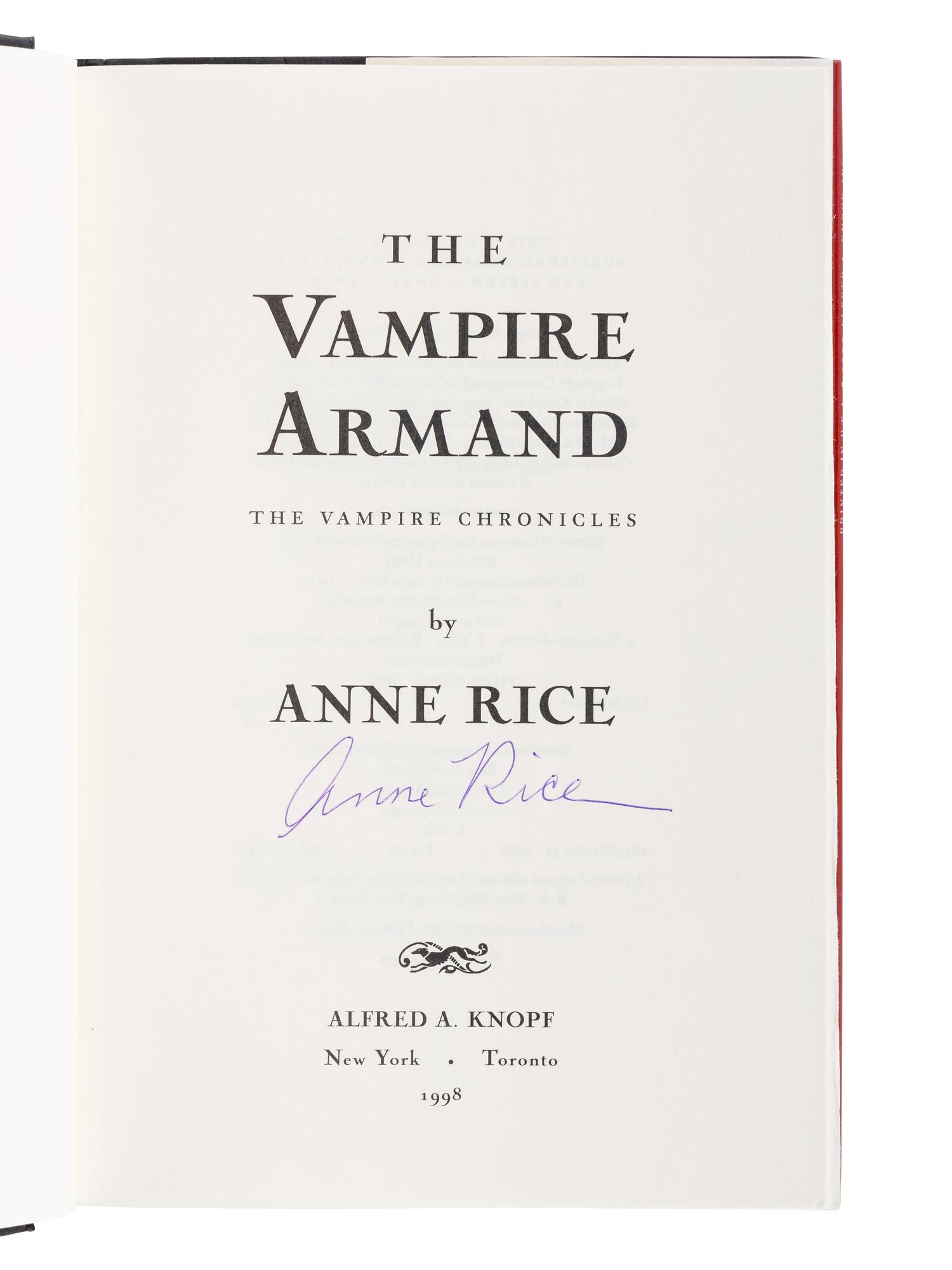 RICE, Anne (1941-2021). A group of 9 works from Rice’s The Vampire Chronicles series, MOST FIRST EDITION, ALL SIGNED OR INSCRIBED, comprising: