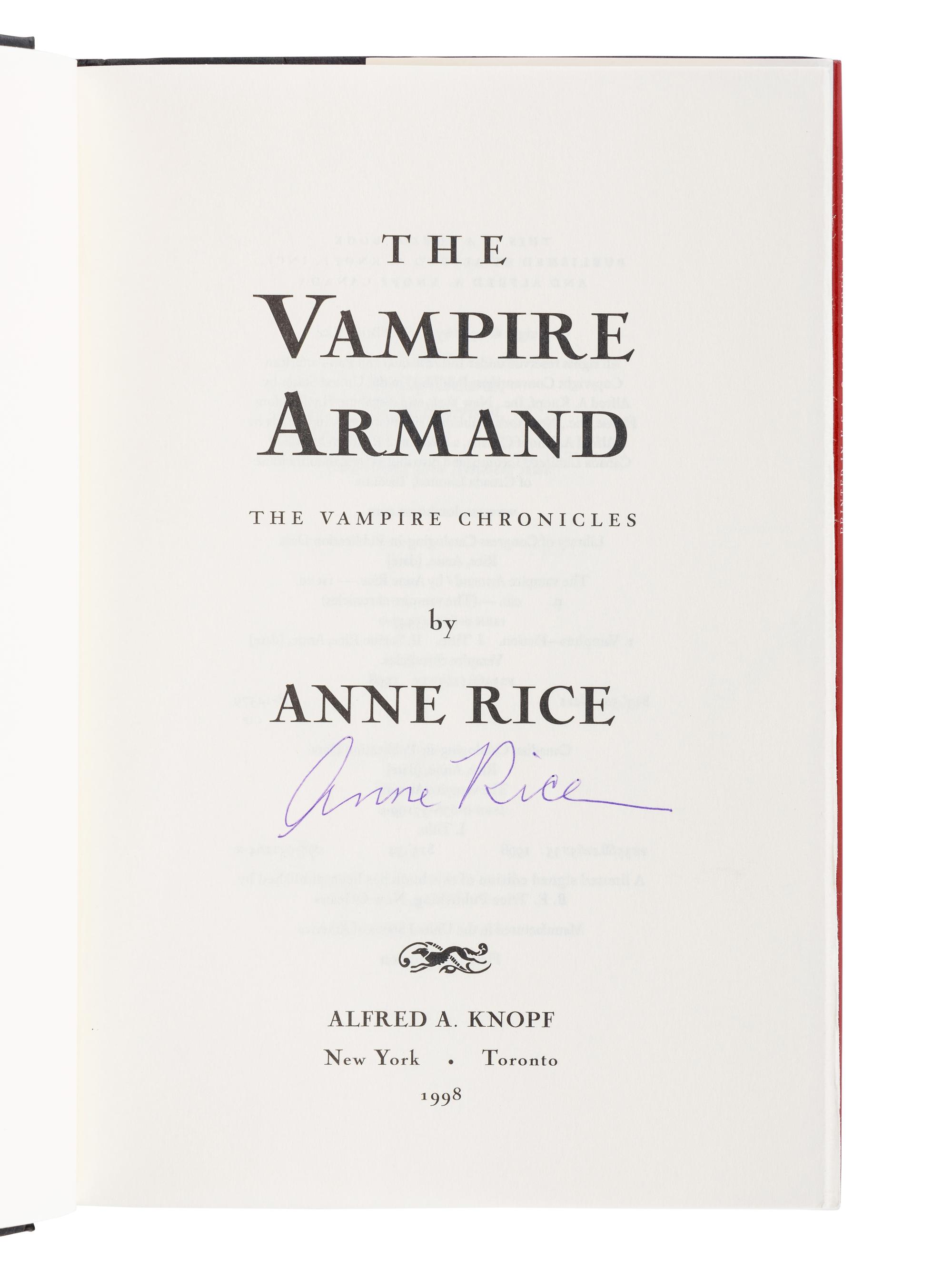 RICE, Anne (1941-2021). A group of 9 works from Rice’s The Vampire Chronicles series, MOST FIRST EDITION, ALL SIGNED OR INSCRIBED, comprising: