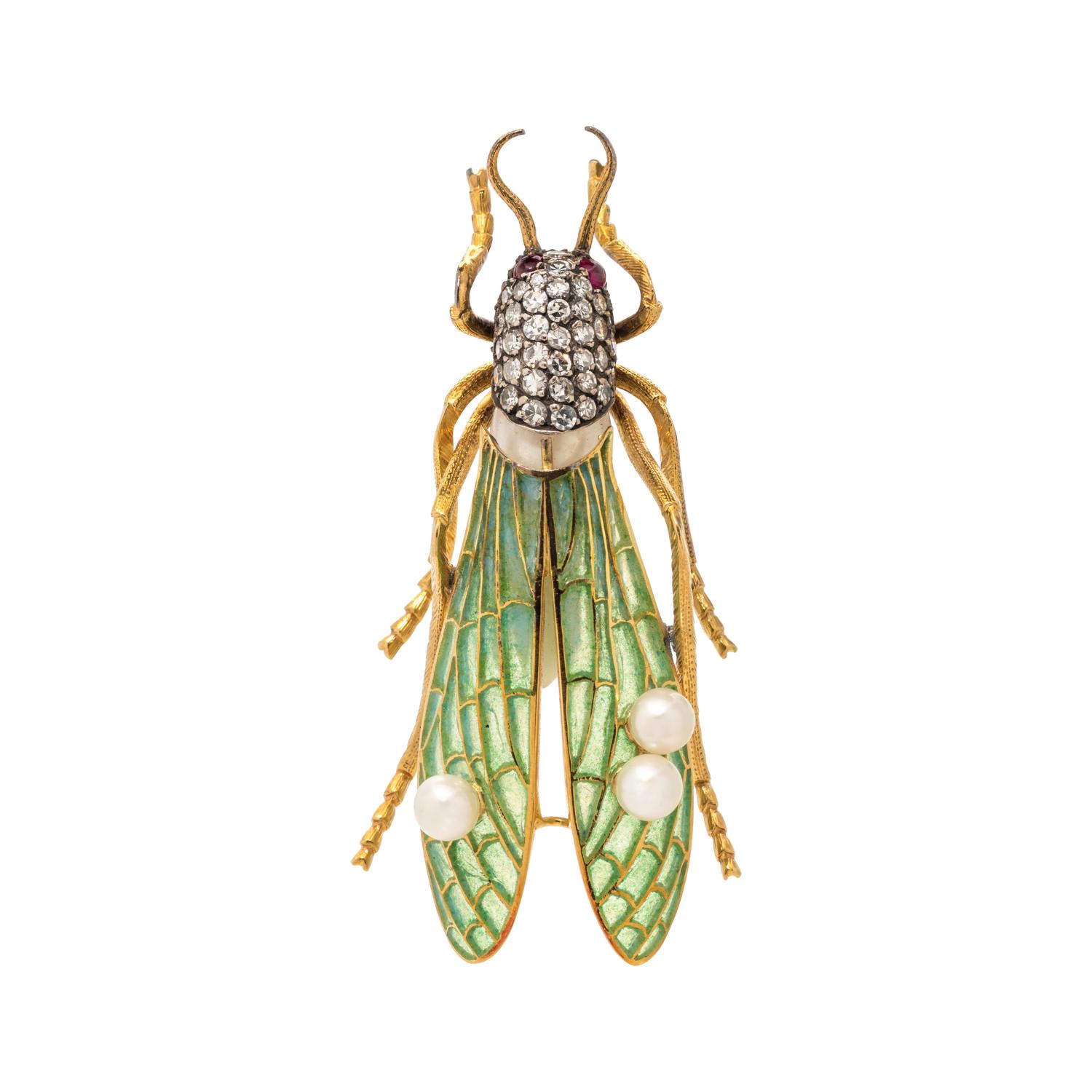 EVELYN CLOTHIER, CULTURED BAROQUE PEARL, DIAMOND AND PLIQUE-À-JOUR ENAMEL GRASSHOPPER BROOCH