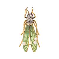 EVELYN CLOTHIER, CULTURED BAROQUE PEARL, DIAMOND AND PLIQUE-À-JOUR ENAMEL GRASSHOPPER BROOCH