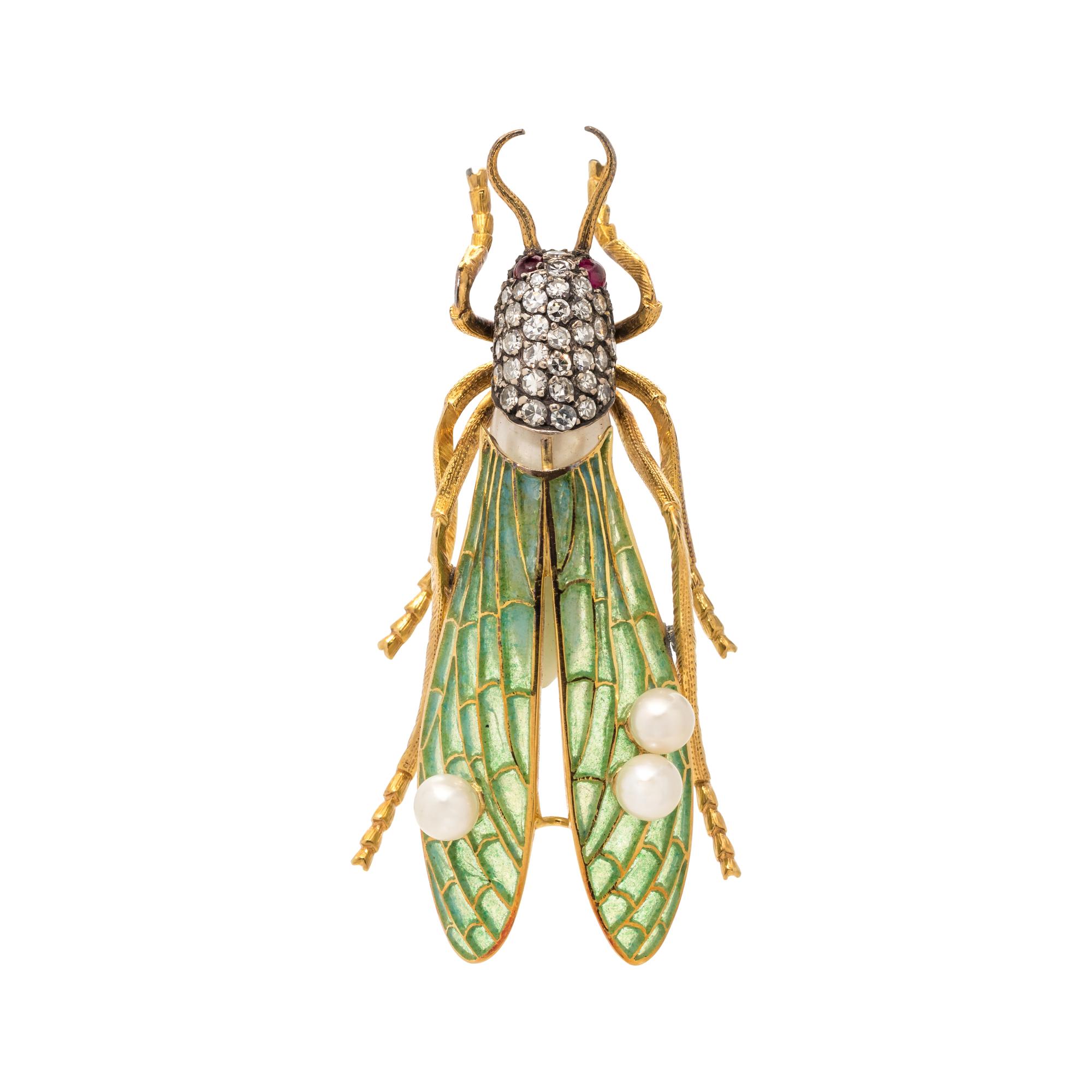 EVELYN CLOTHIER, CULTURED BAROQUE PEARL, DIAMOND AND PLIQUE-À-JOUR ENAMEL GRASSHOPPER BROOCH
