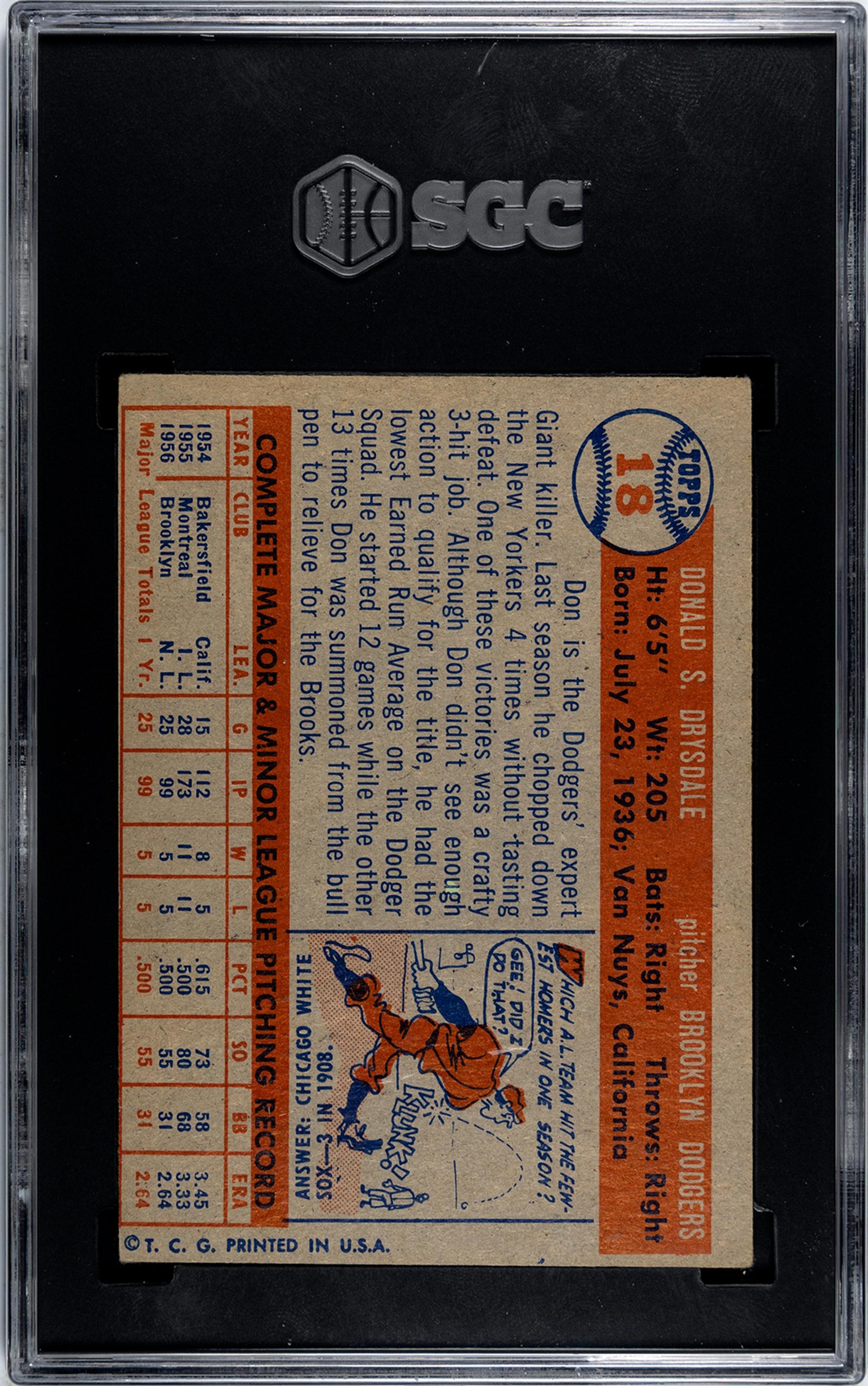 A 1957 Topps Don Drysdale Rookie Baseball Card No. 18 (SGC 5.5 EX+)