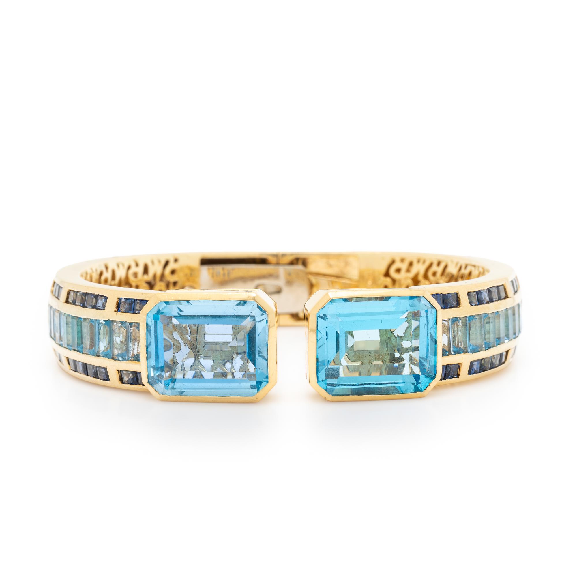 BLUE TOPAZ, SAPPHIRE, AND YELLOW GOLD CUFF BRACELET