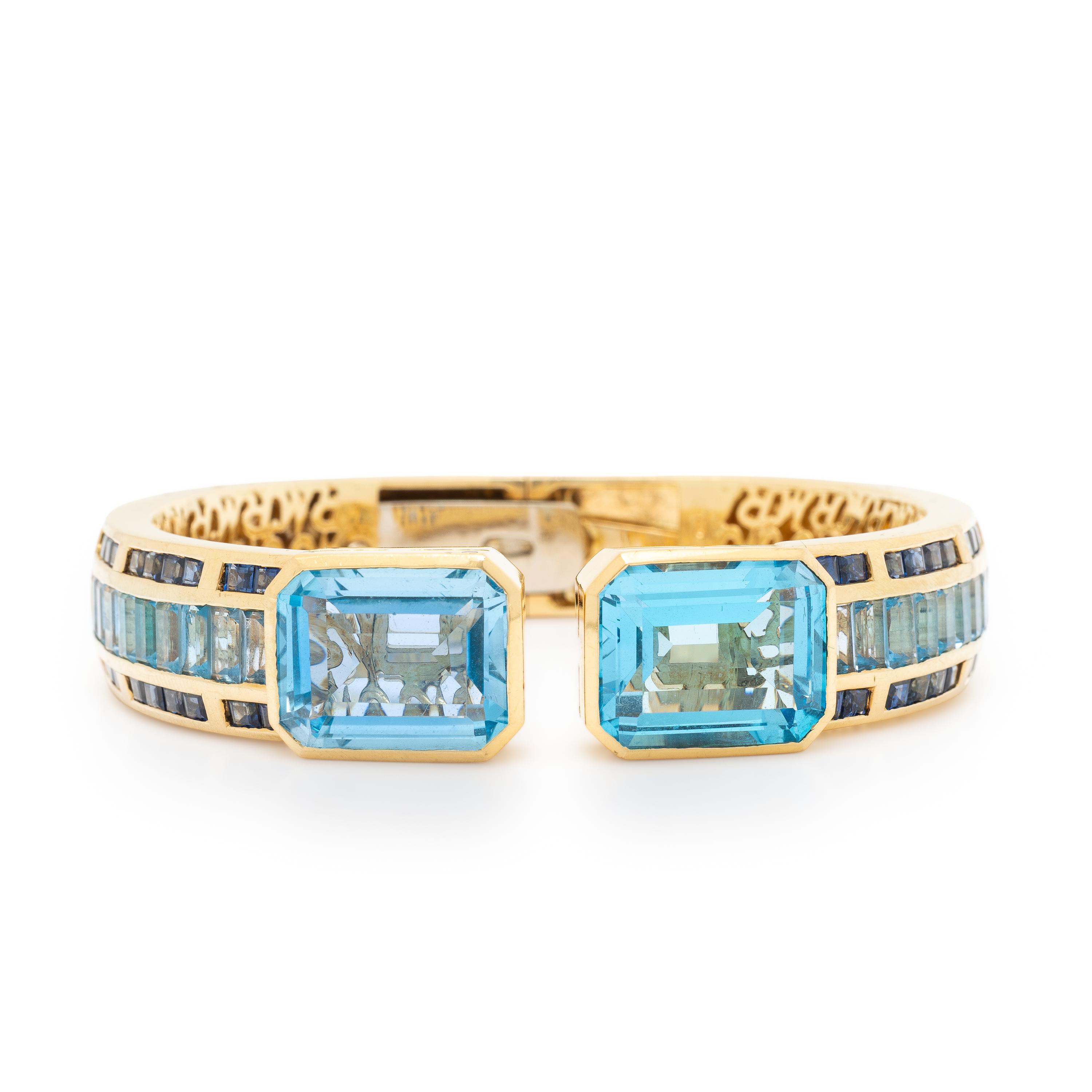 BLUE TOPAZ, SAPPHIRE, AND YELLOW GOLD CUFF BRACELET