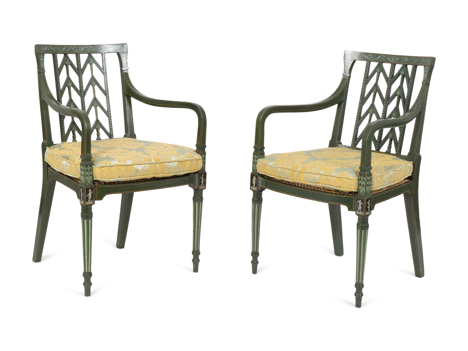 A Pair of Regency Green and Parcel Gilt Painted Cane Seat Armchairs — EARLY 19TH CENTURY