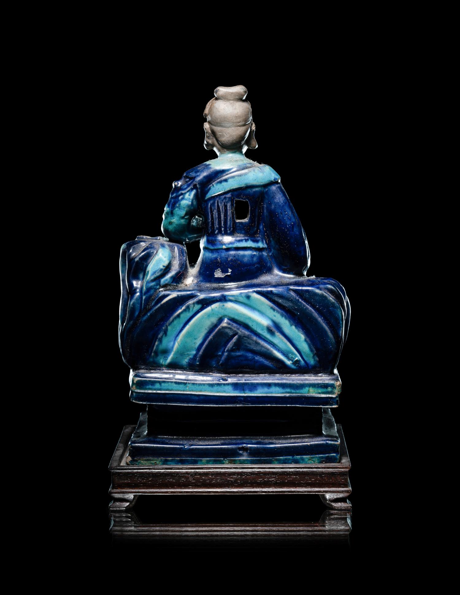 A Chinese Fahua Porcelain Figure of Seated Guardian, Guanyu
