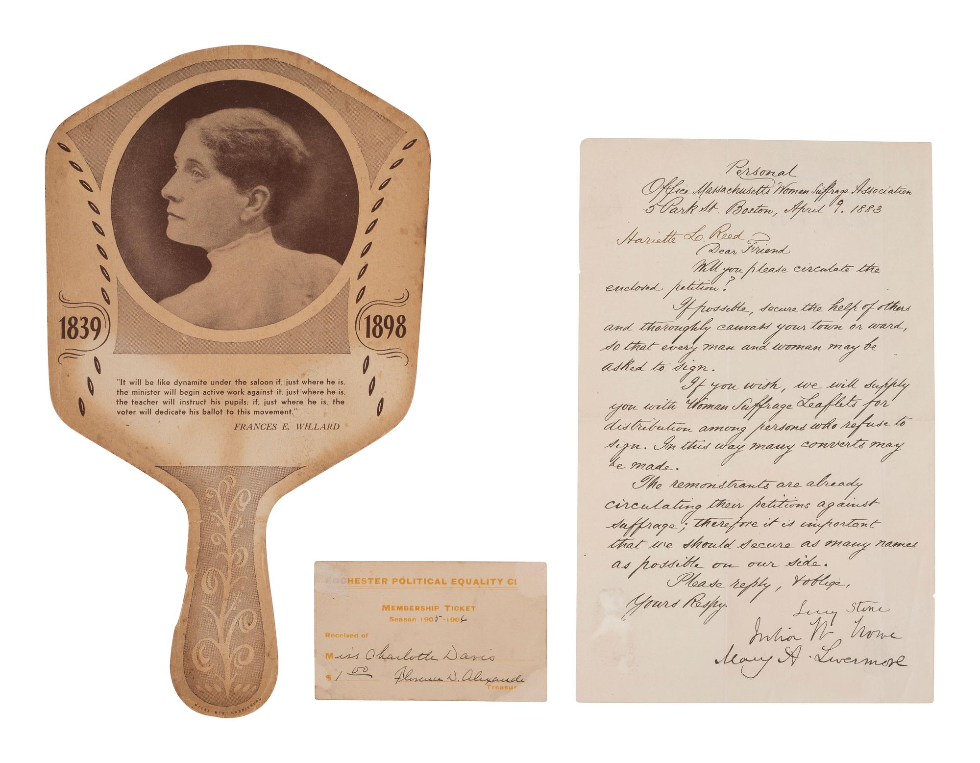 [WOMEN'S SUFFRAGE - TEMPERANCE]. Items assoc. with the women's suffrage and temperance movements.