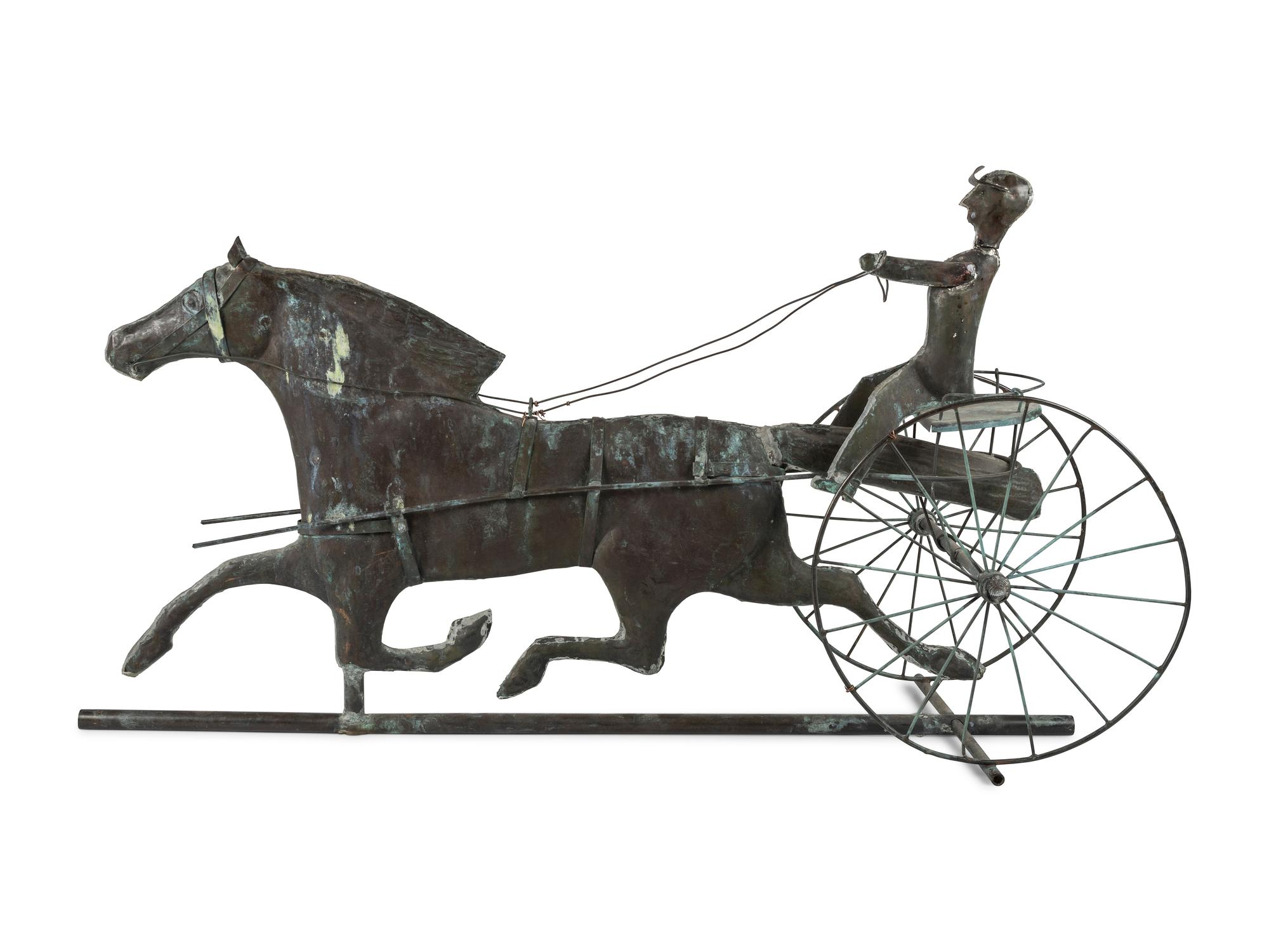 A Molded Copper and Zinc Horse and Sulky Weathervane