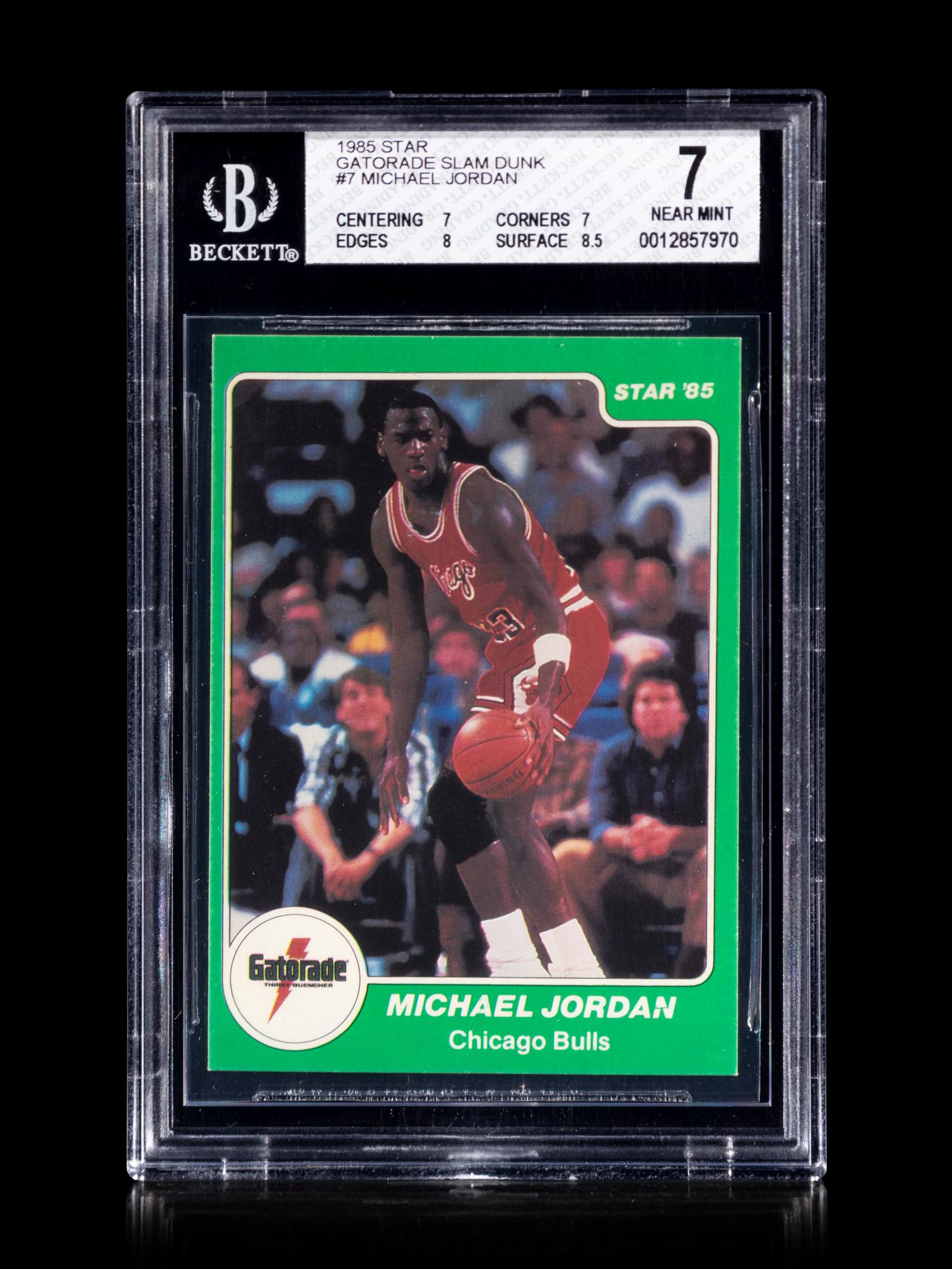 A 1985 Star Gatorade Slam Dunk Michael Jordan Basketball Card No. 7 BGS 7 Near Mint.