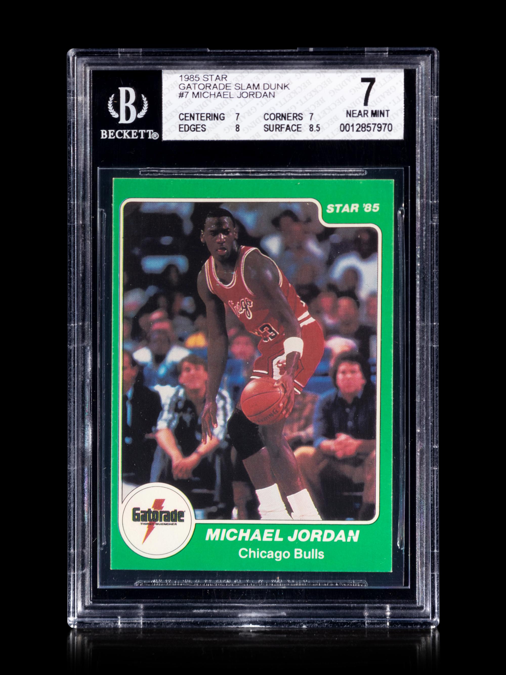 A 1985 Star Gatorade Slam Dunk Michael Jordan Basketball Card No. 7 BGS 7 Near Mint.