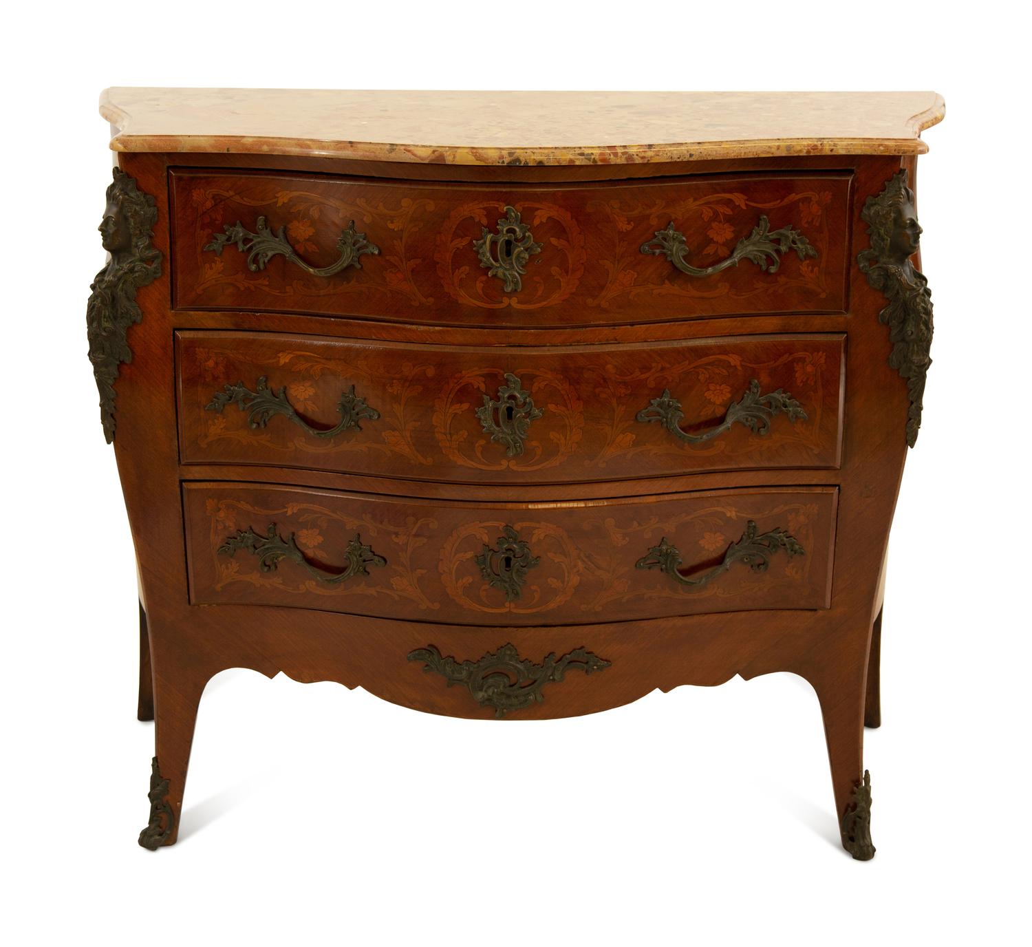 A Louis XV Style Bronze Mounted Marquetry Marble-Top Commode