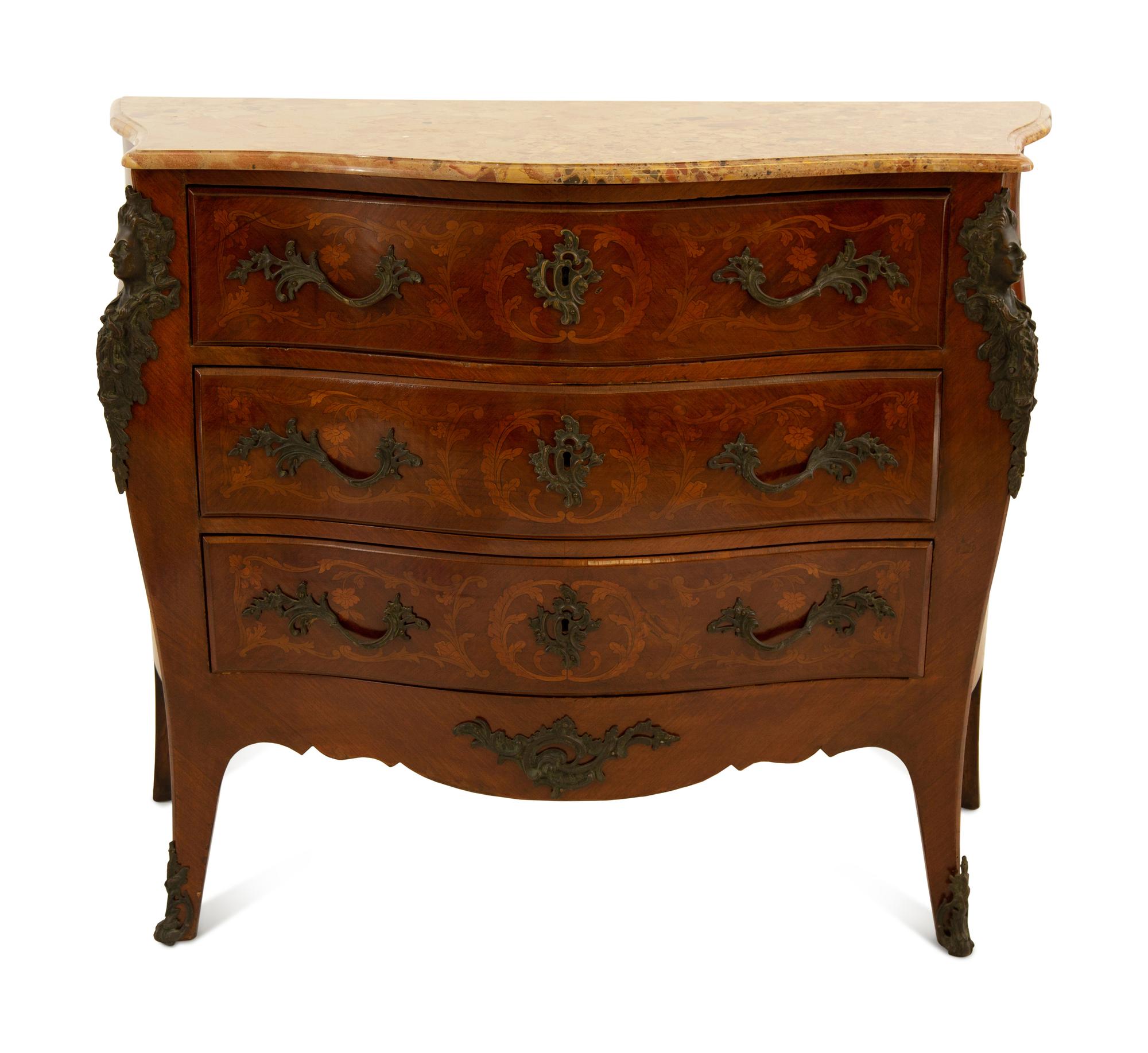 A Louis XV Style Bronze Mounted Marquetry Marble-Top Commode