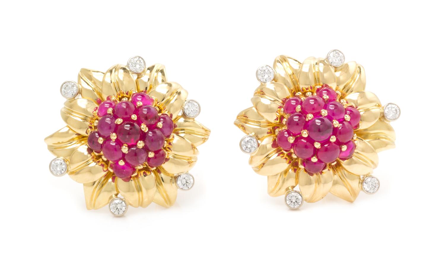 A Pair of 18 Karat Bicolor Gold, Ruby and Diamond Earclips, Aletto Brothers, 17.80 dwts.