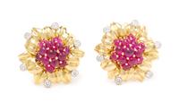 A Pair of 18 Karat Bicolor Gold, Ruby and Diamond Earclips, Aletto Brothers, 17.80 dwts.