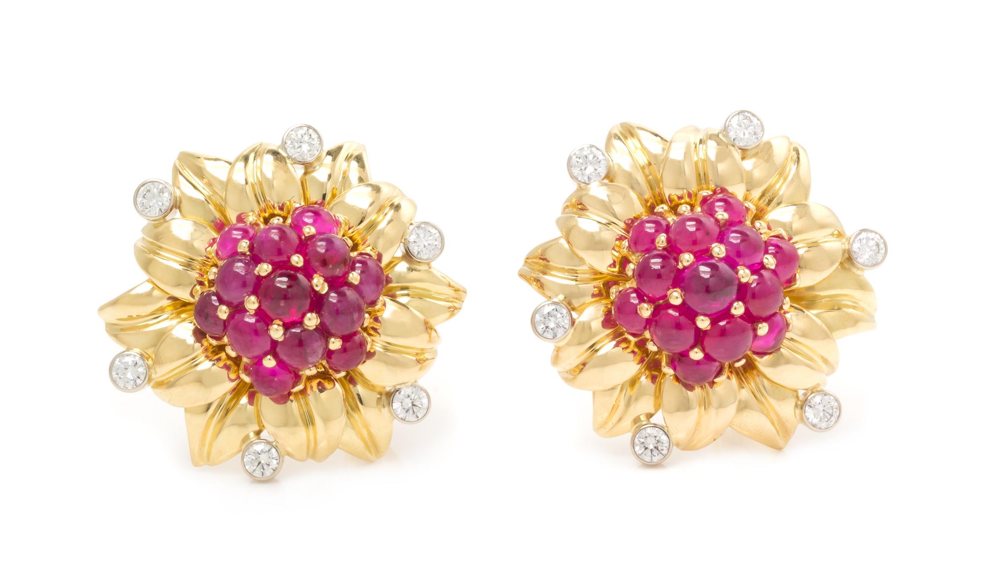 A Pair of 18 Karat Bicolor Gold, Ruby and Diamond Earclips, Aletto Brothers, 17.80 dwts.