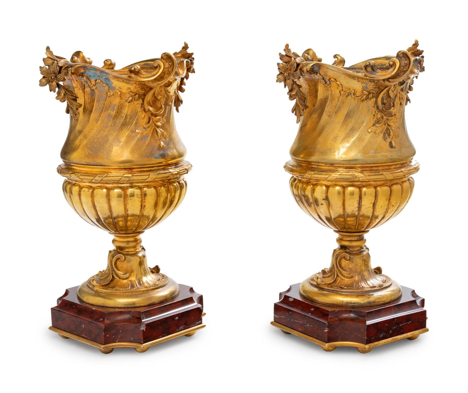 A Pair of Continental Gilt Metal and Marble Urns