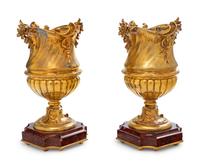 A Pair of Continental Gilt Metal and Marble Urns