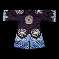 A Chinese Navy Satin Ground Embroidered Silk 'Dragon and Crane' Robe, Qiagua , Late 19th Century 清晚期 石青緞地綉龍紋團鶴紋袷褂