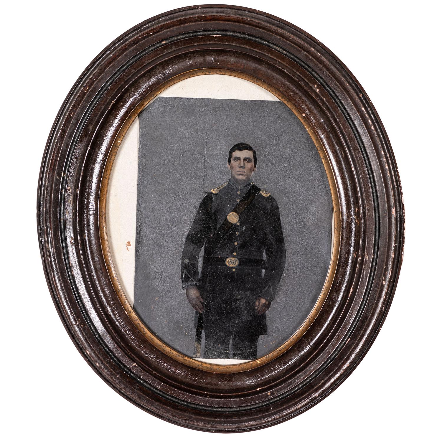 [EARLY PHOTOGRAPHY - PORTRAITURE]. A group of 6 folk art hand-painted tintypes of soldiers in uniform, comprising: