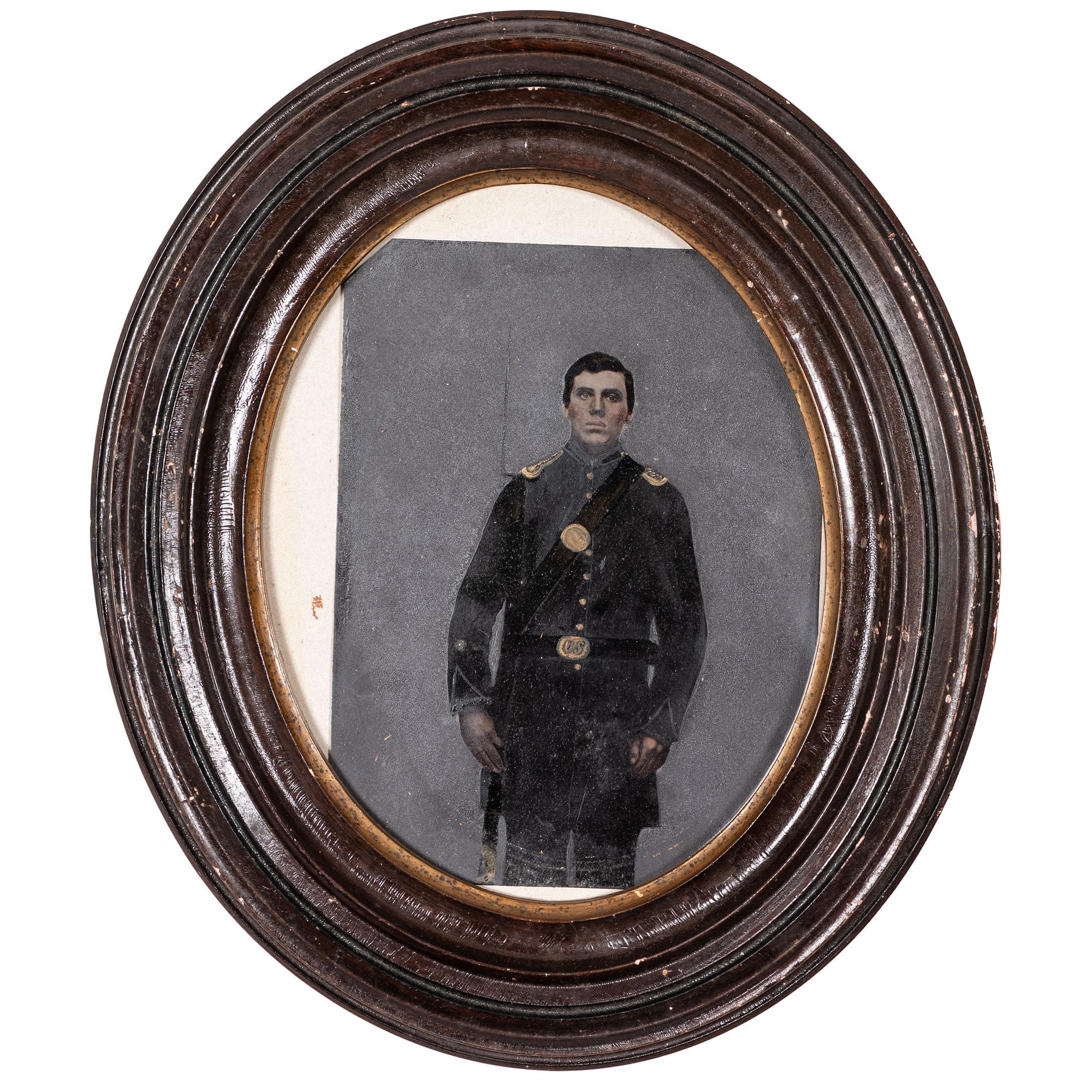 [EARLY PHOTOGRAPHY - PORTRAITURE]. A group of 6 folk art hand-painted tintypes of soldiers in uniform, comprising: