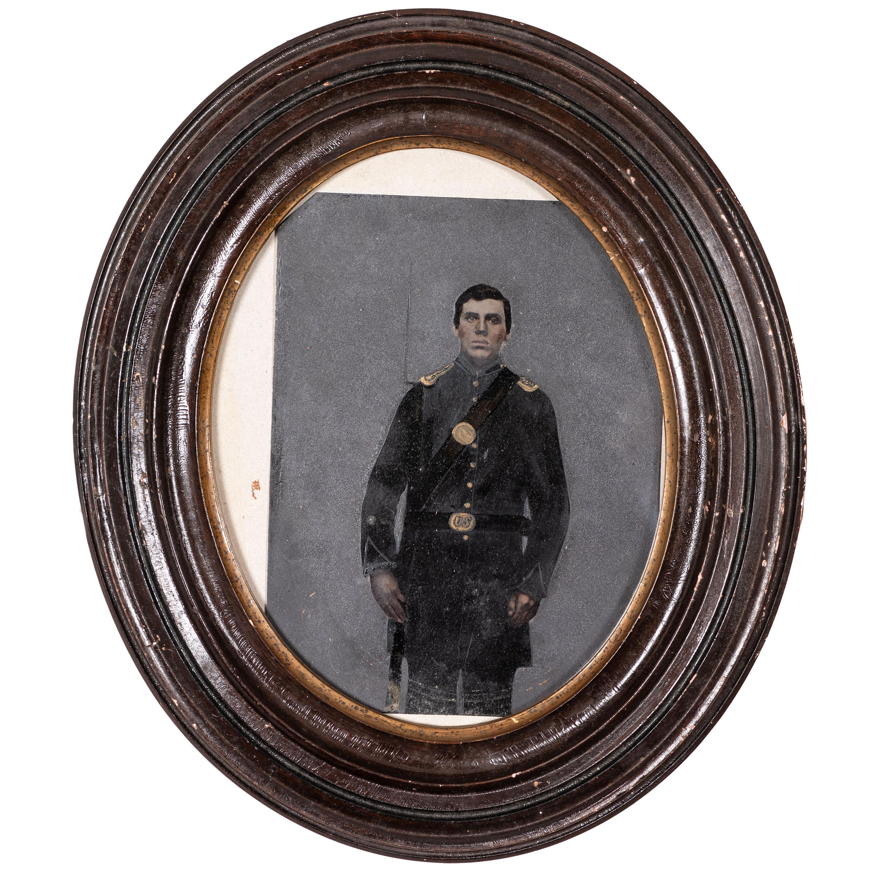[EARLY PHOTOGRAPHY - PORTRAITURE]. A group of 6 folk art hand-painted tintypes of soldiers in uniform, comprising: