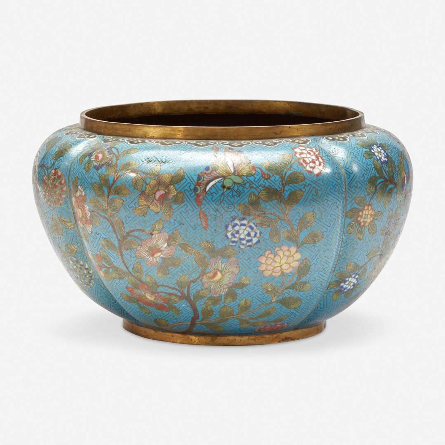 A Chinese turquoise ground lobed jardinière 铜胎松石绿地瓜棱盆