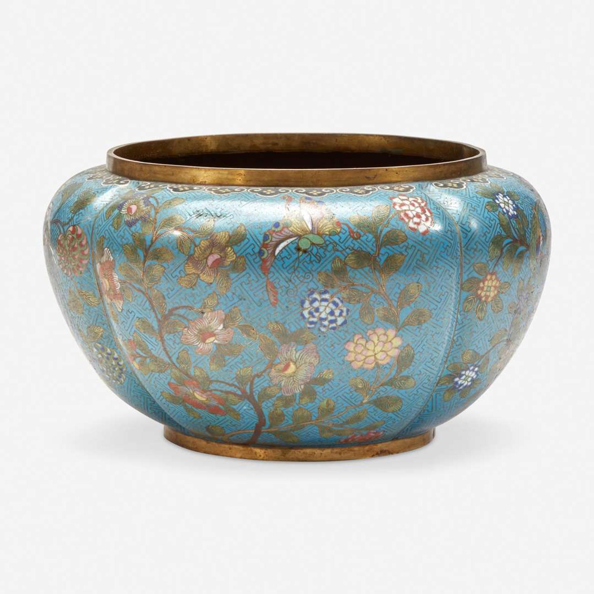 A Chinese turquoise ground lobed jardinière 铜胎松石绿地瓜棱盆