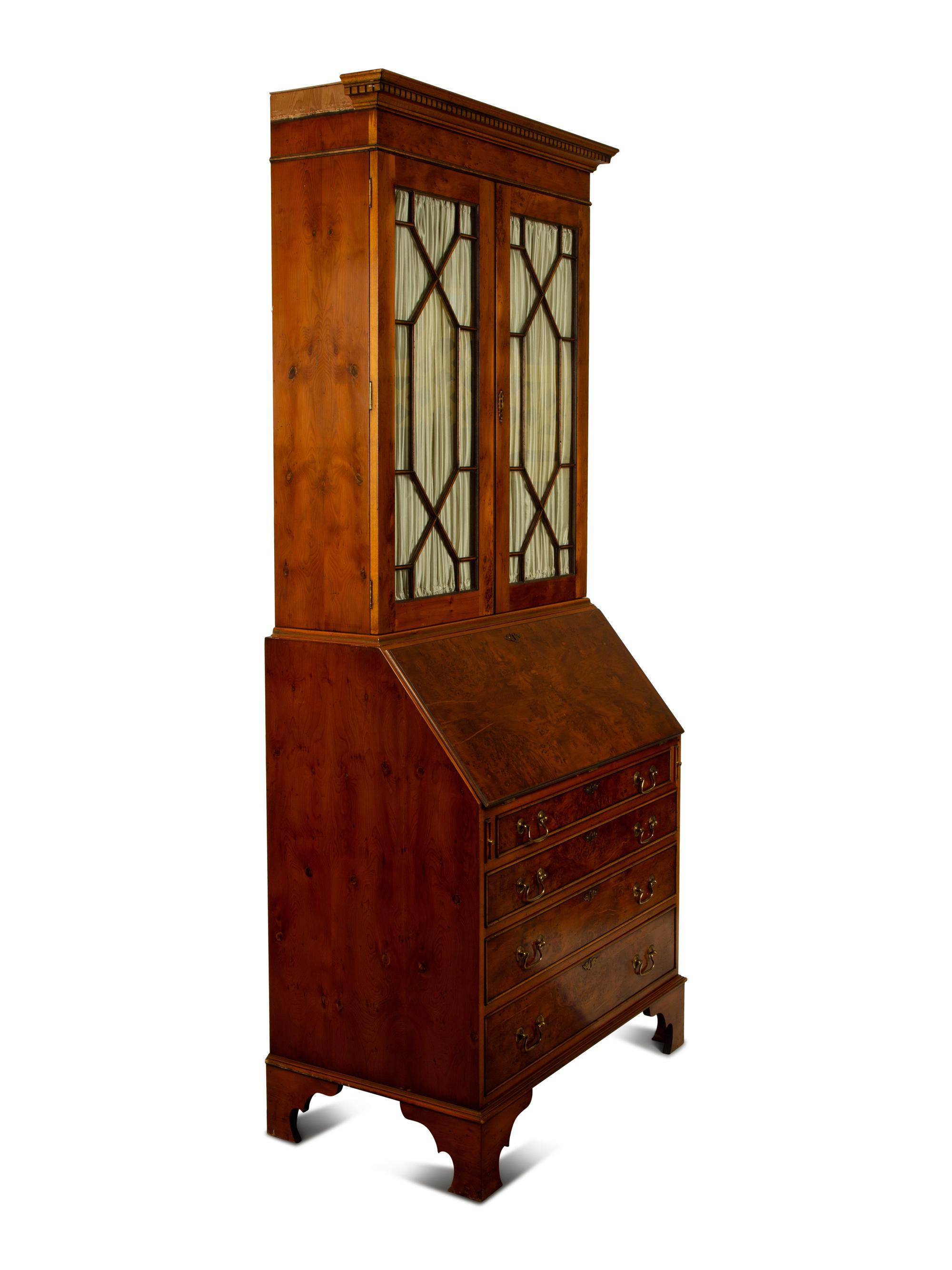 A George III Style Burlwood and Pine Secretary/Bookcase — 20TH CENTURY