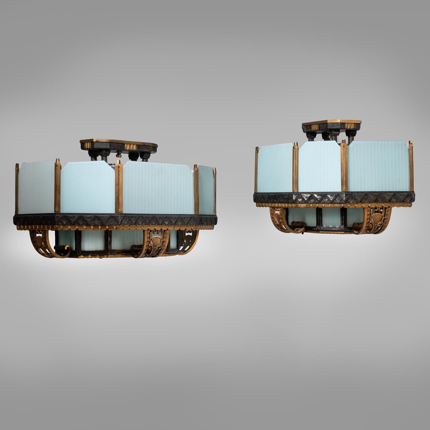 Art Deco Chicago, c. 1929 — Pair of Bronze and Glass Lighting Fixtures from the Palmolive Building