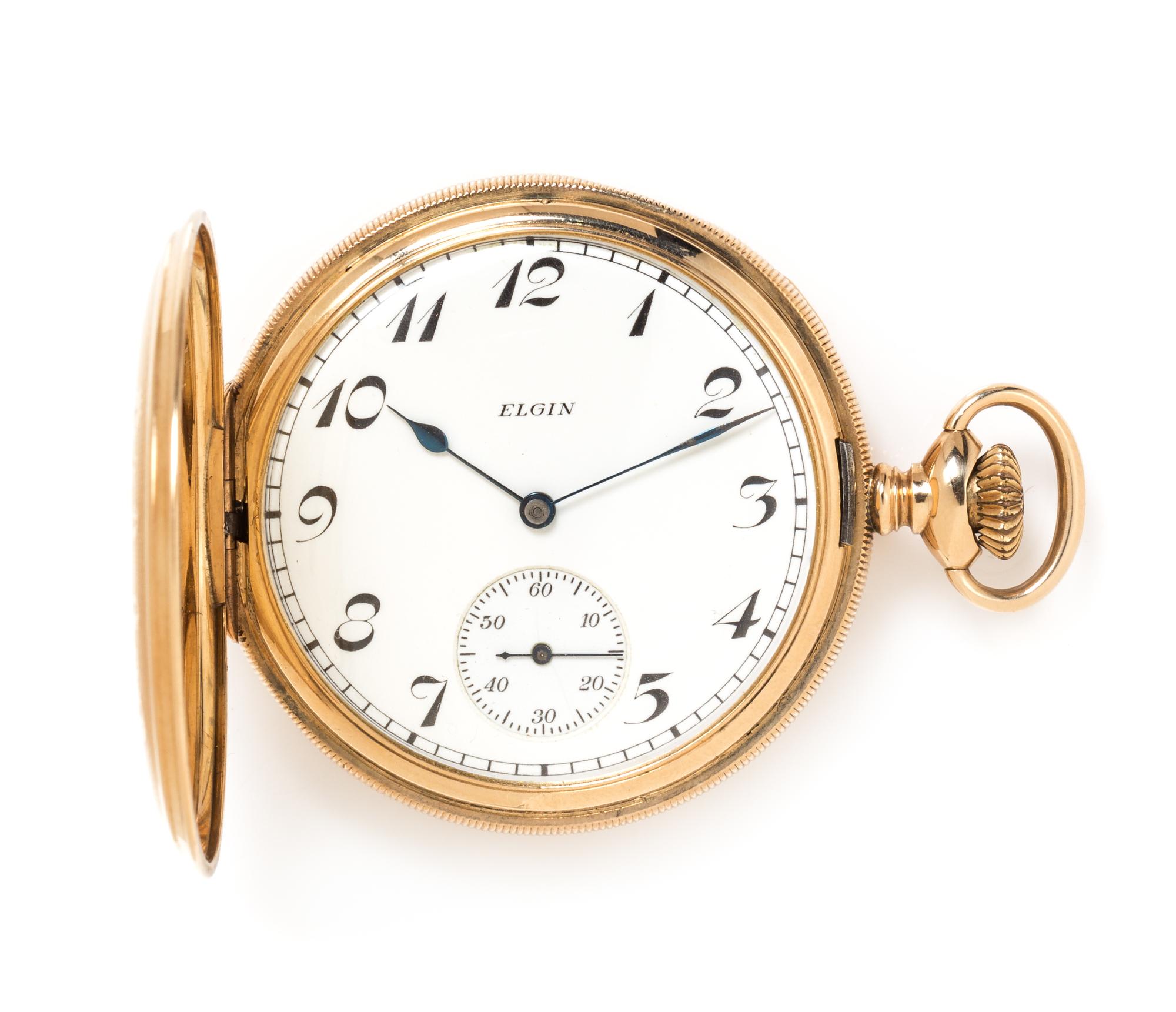 A 14 Karat Yellow Gold Hunter Case Pocket Watch, Elgin, Circa 1922, 57.60 dwts.