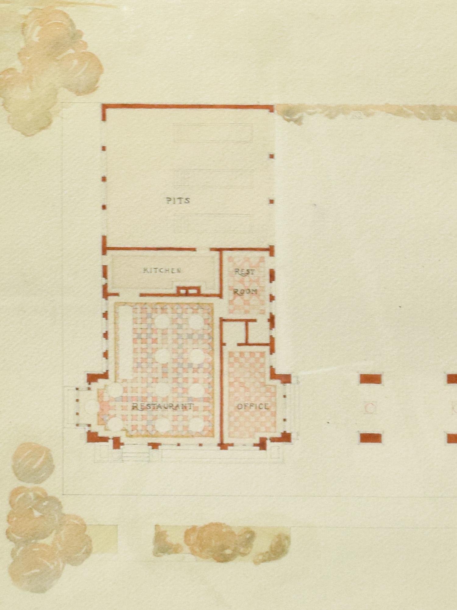 Two Framed Architectural Presentation Renderings from the University of Illinois Architecture Department 26" W x 1.5" D x 34.5" H — United States, 20th Century