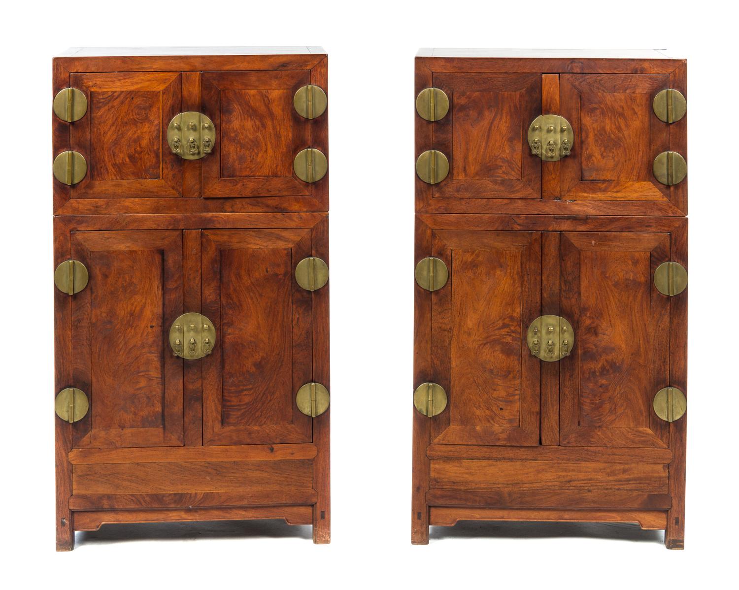 A Pair of Chinese Brass Mounted Huali Diminutive Compound Cabinets Overall height 34 3/4 x width 19 x depth 11 inches.