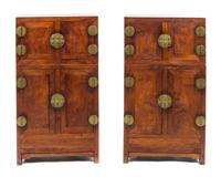 A Pair of Chinese Brass Mounted Huali Diminutive Compound Cabinets Overall height 34 3/4 x width 19 x depth 11 inches.