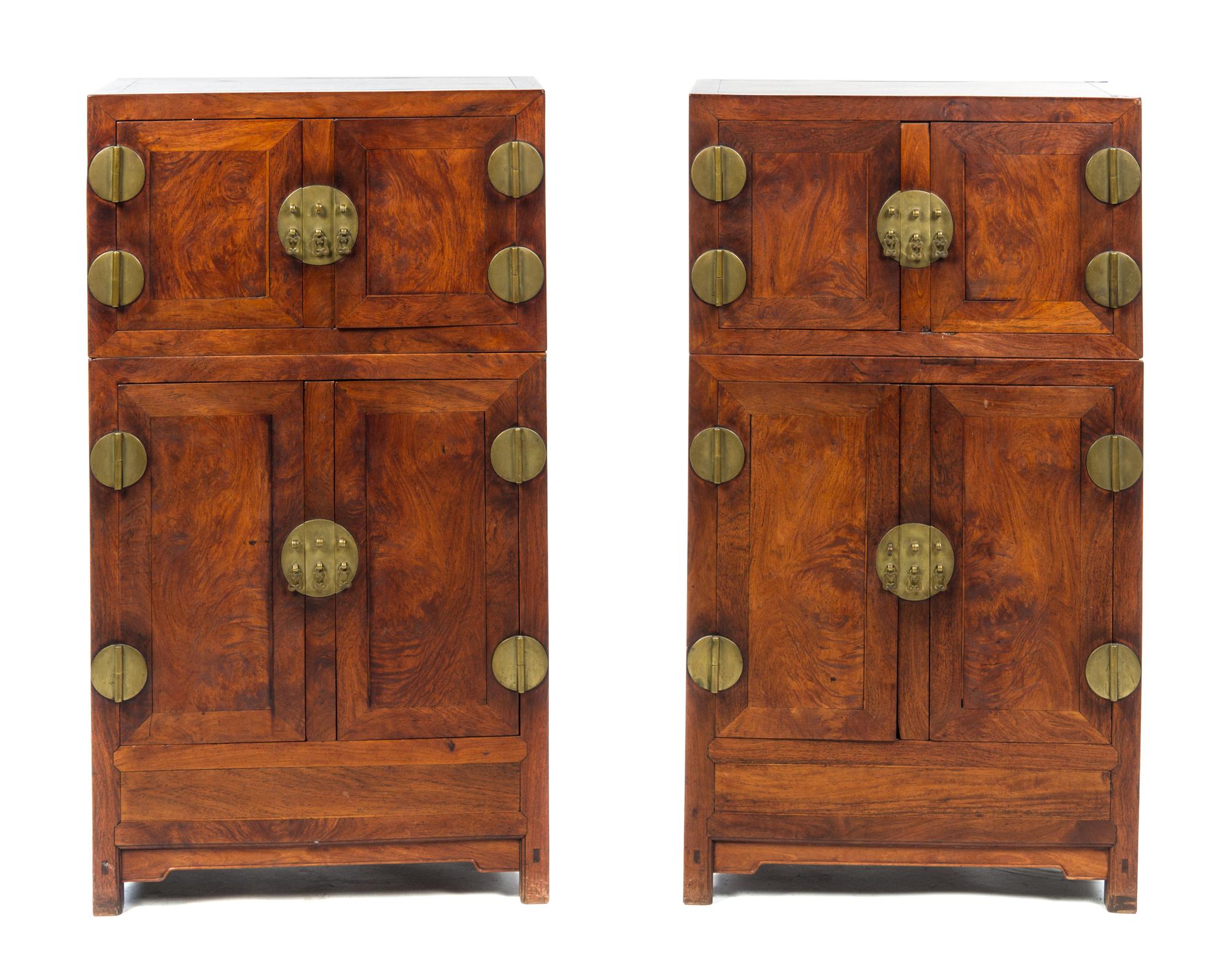 A Pair of Chinese Brass Mounted Huali Diminutive Compound Cabinets Overall height 34 3/4 x width 19 x depth 11 inches.