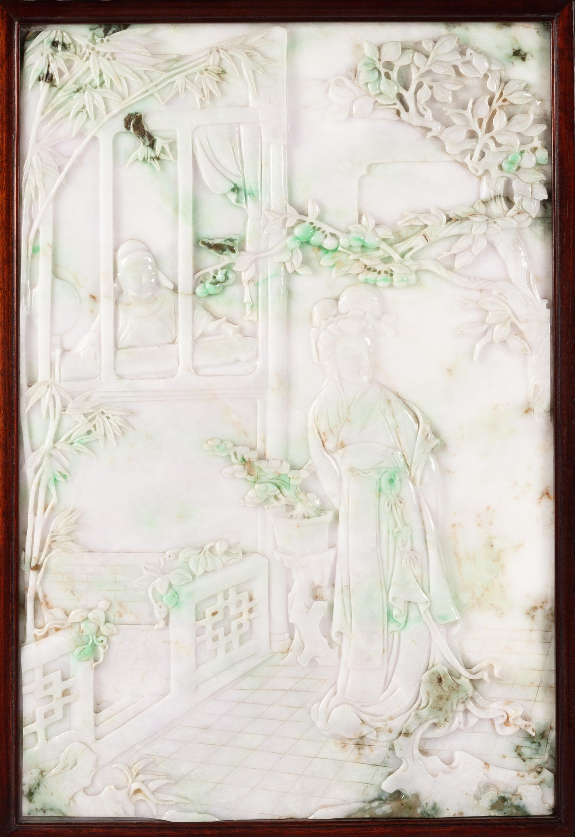 A Pair of Framed Burmese Jade Table Screens Height overall 38 x width 25 1/2 x depth 14 inches.