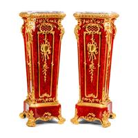 A Pair of Louis XV Style Faux Tortoiseshell and Gilt Bronze Mounted Marble-Top Pedestals