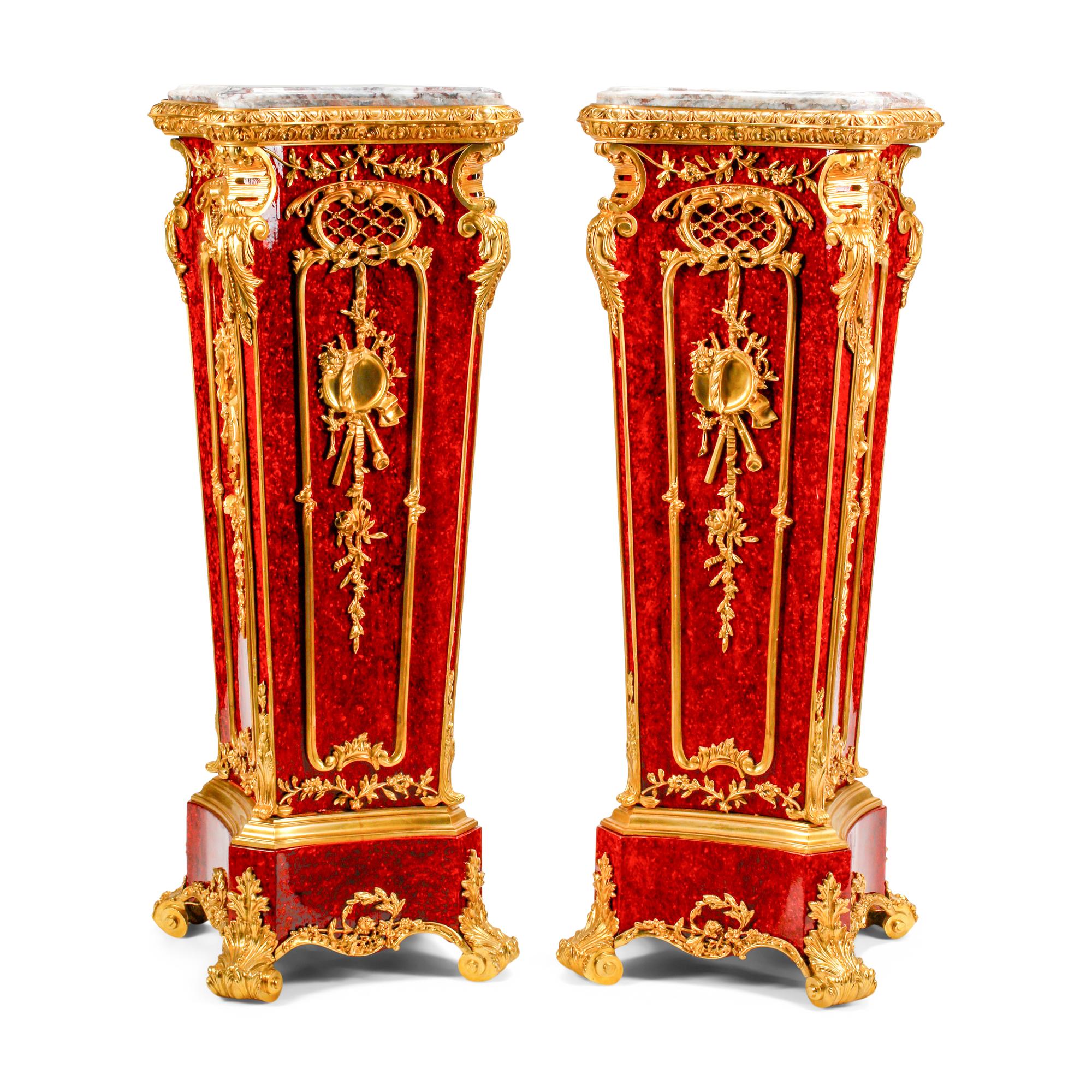 A Pair of Louis XV Style Faux Tortoiseshell and Gilt Bronze Mounted Marble-Top Pedestals