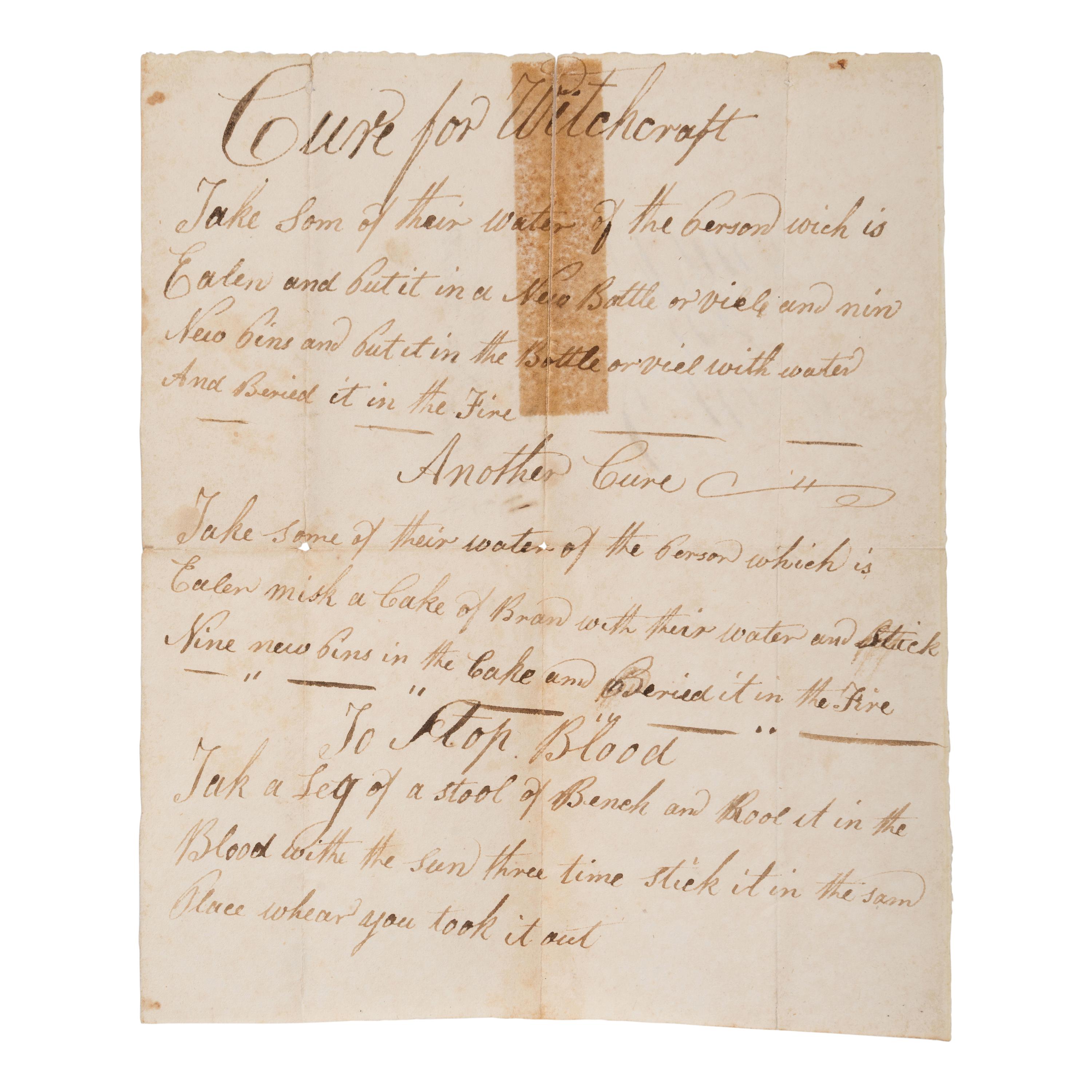 [Witchcraft]. Manuscript document ("Cure for Witchcraft"), n.p., n.d. [ca 17th century?].