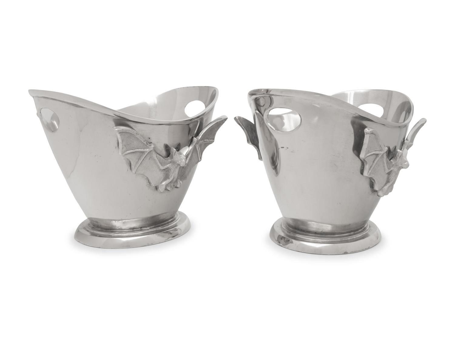 A Pair of Silvered Metal Wine Coolers with Bat Motif