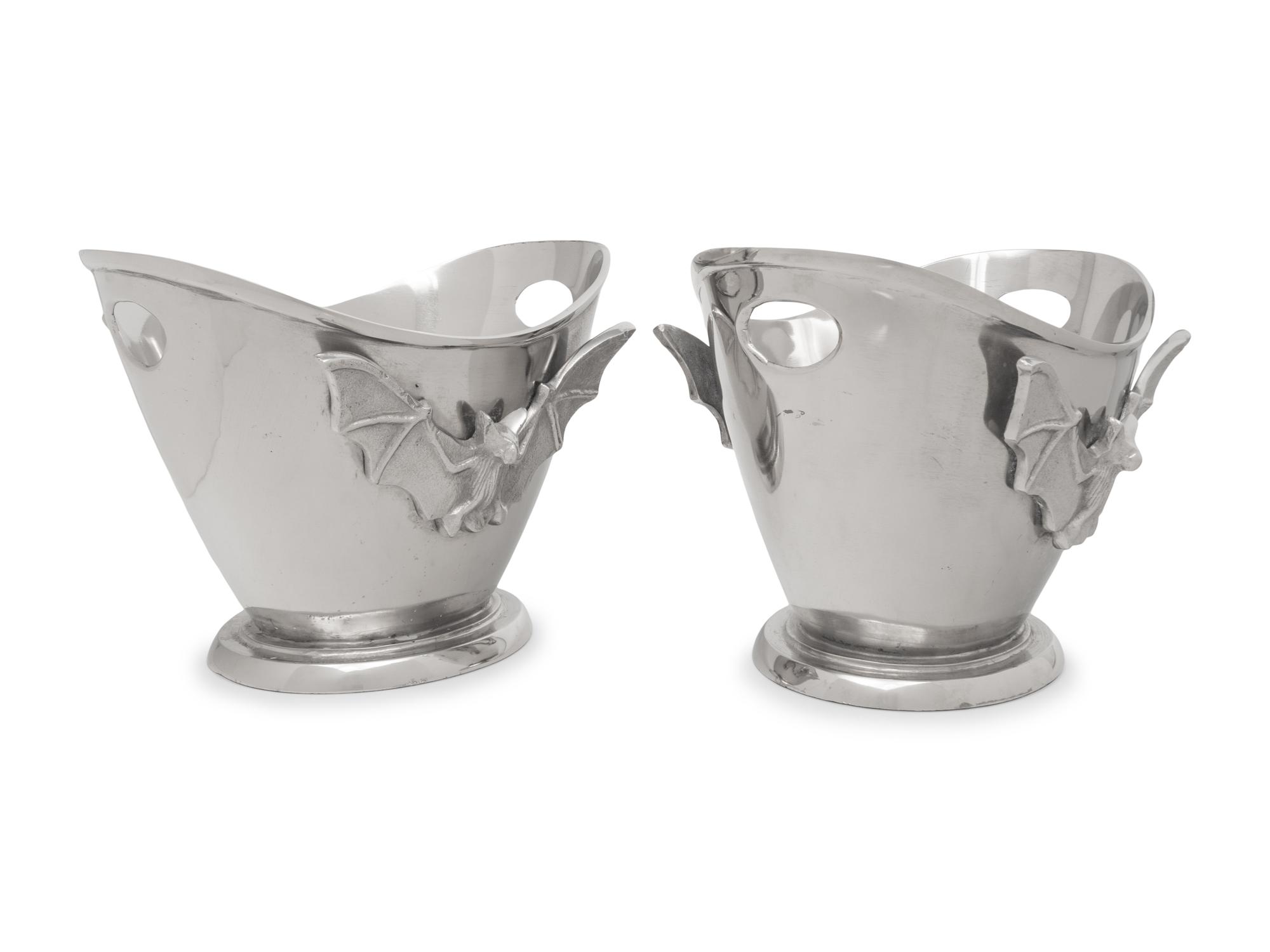 A Pair of Silvered Metal Wine Coolers with Bat Motif