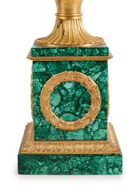 A Pair of Empire Style Gilt Bronze Mounted Malachite Veneered Urns