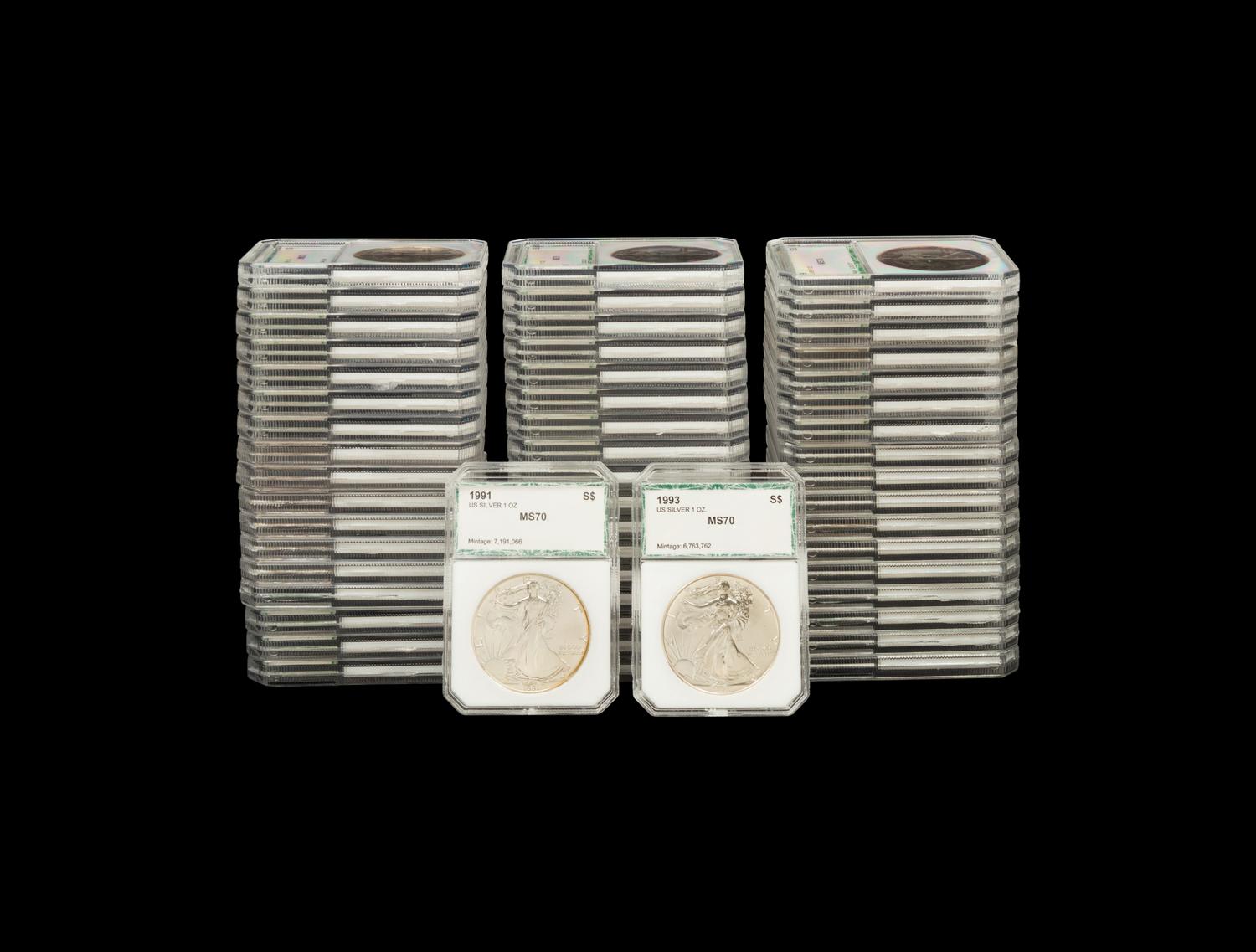 A Collection of Fifty-Three Silver Eagle $1 Coins