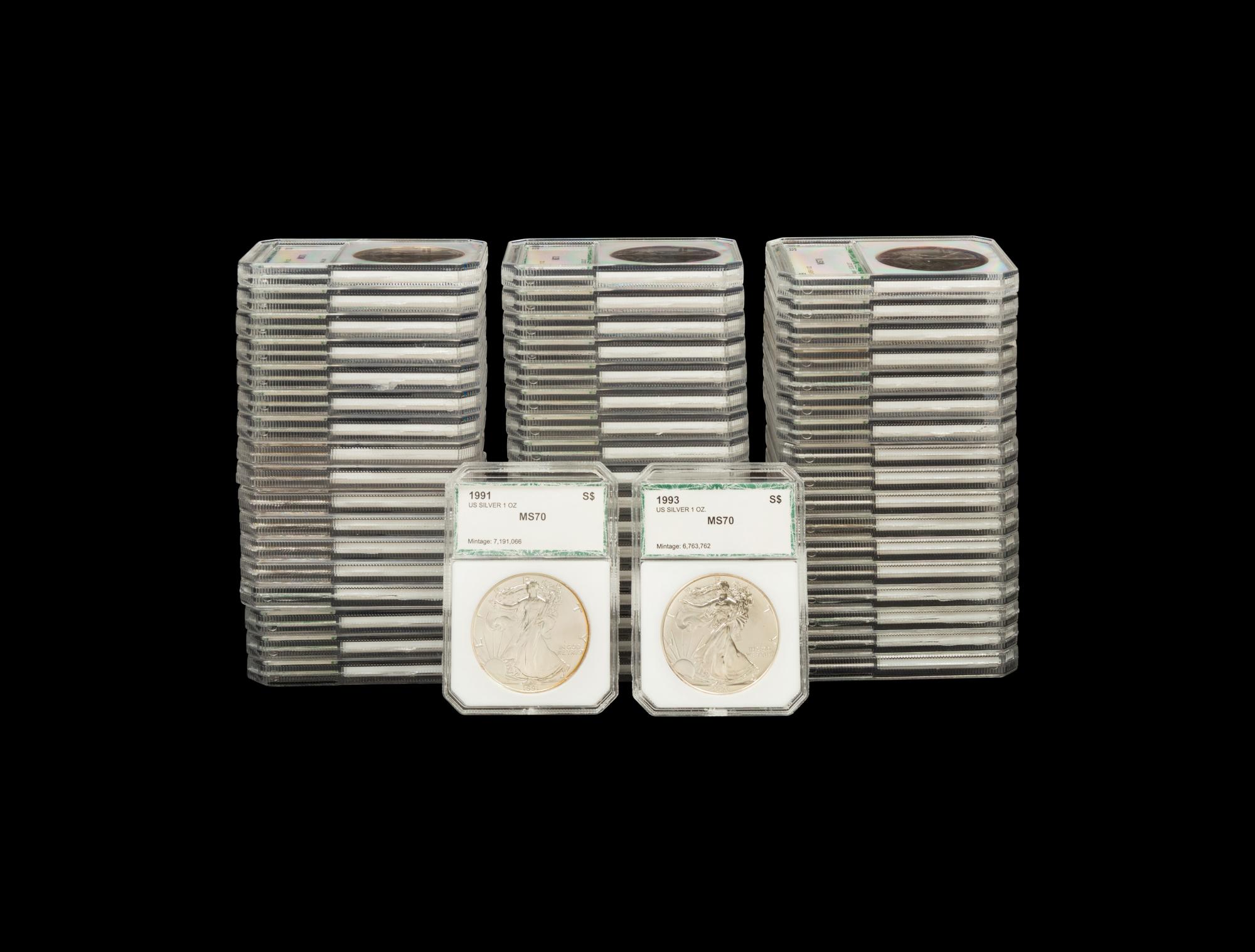 A Collection of Fifty-Three Silver Eagle $1 Coins