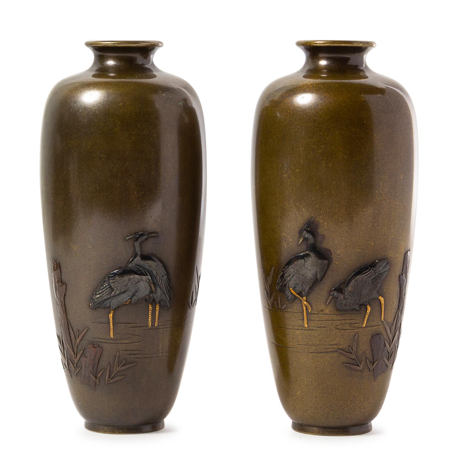 A Pair of Japanese Mixed Metal Vases
