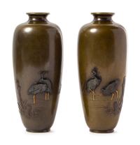 A Pair of Japanese Mixed Metal Vases