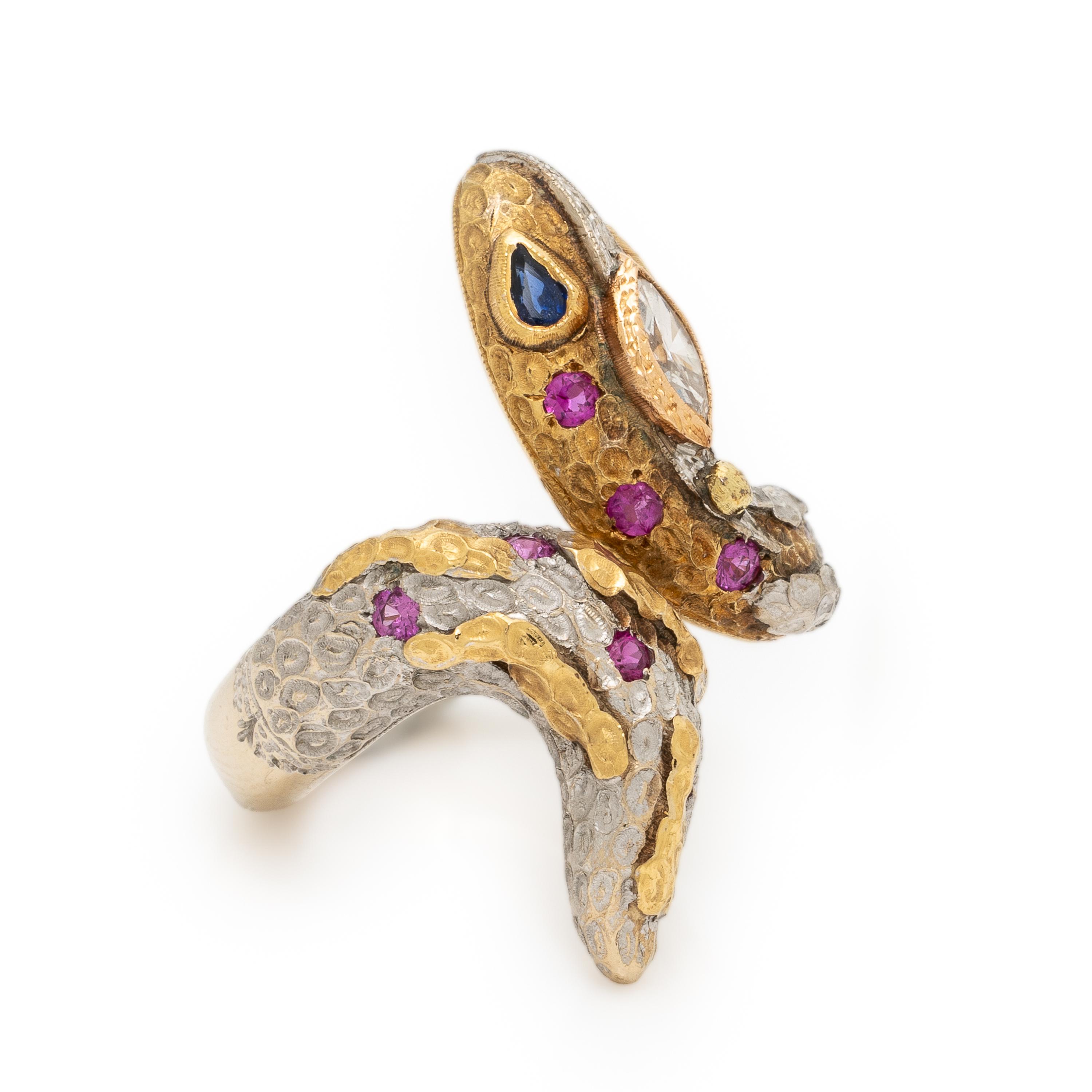 Cazzaniga, Diamond, Sapphire, and Bicolor Gold Snake Ring